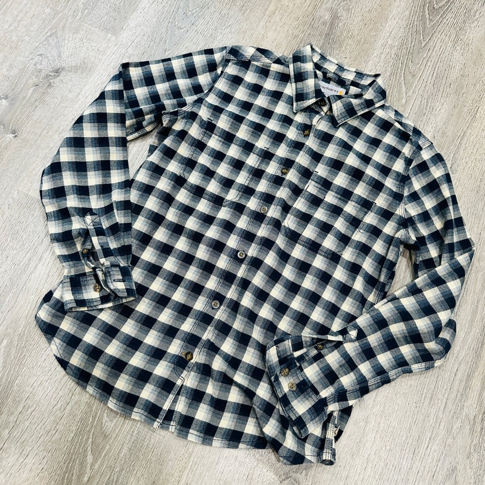 Carhartt Shirt Kids Medium 8-10 Blue Buffalo Plaid Flannel Button Down Shirt